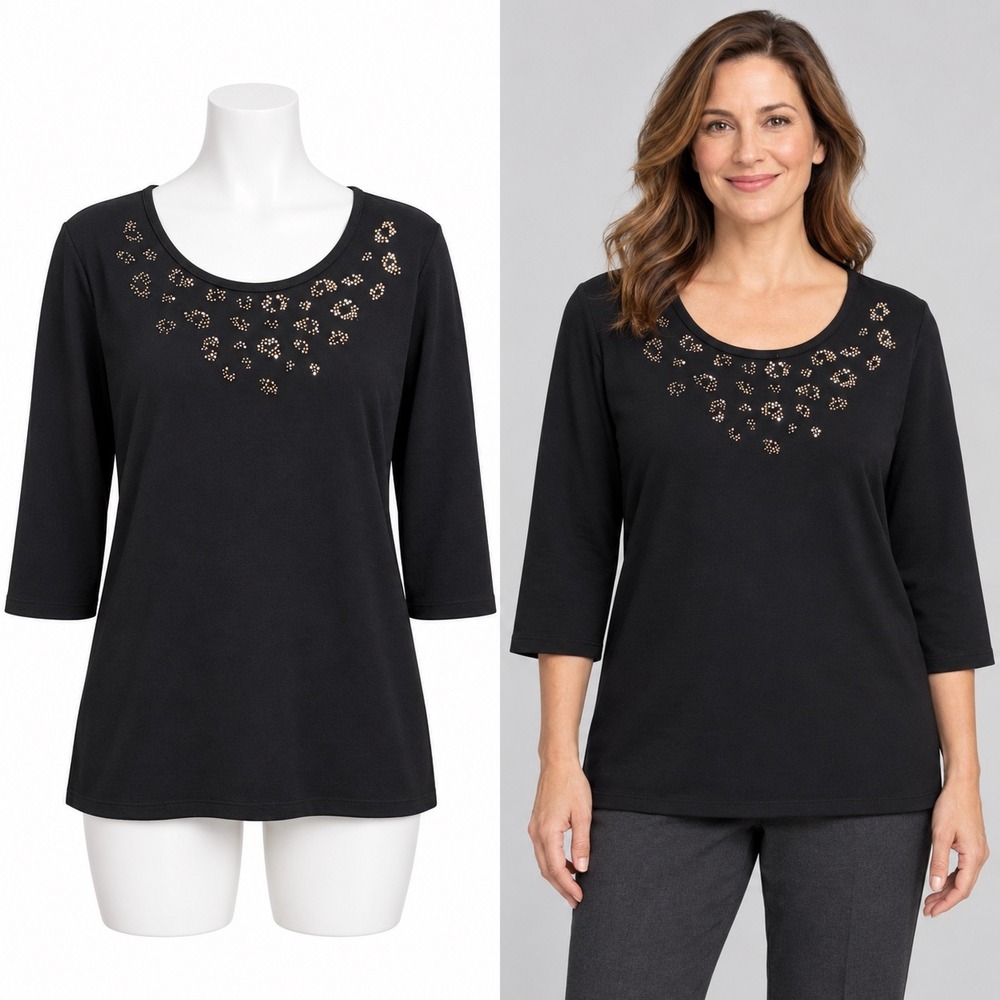 Quacker Factory Top Womens M Black 3/4 Sleeve Studded Leopard Rhinestone Neck